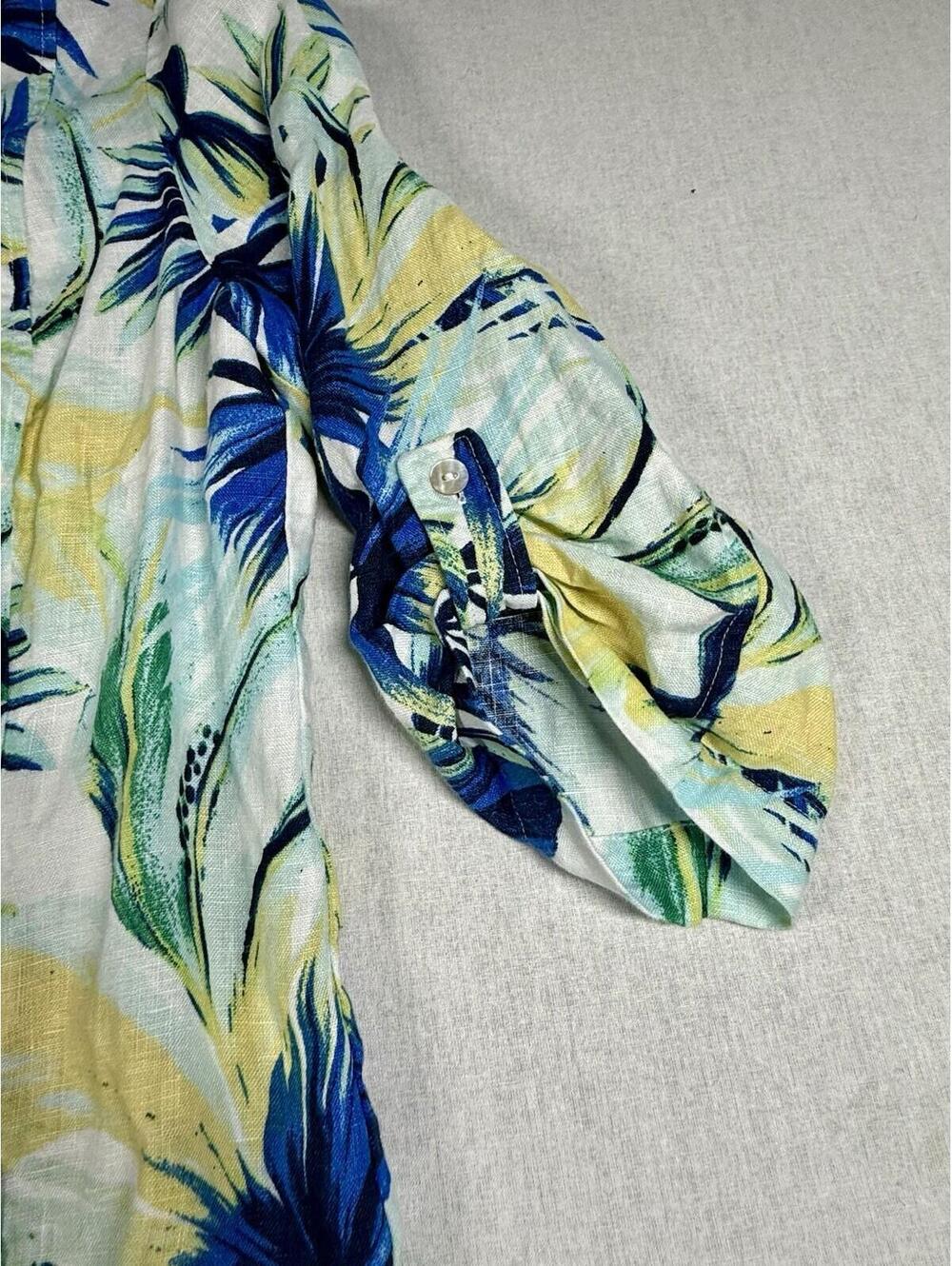 Chico's Cardigan‎ Sz 3 Women XL Blue White 100% Linen Open Front Roll Up Sleeve - Picture 2 of 11